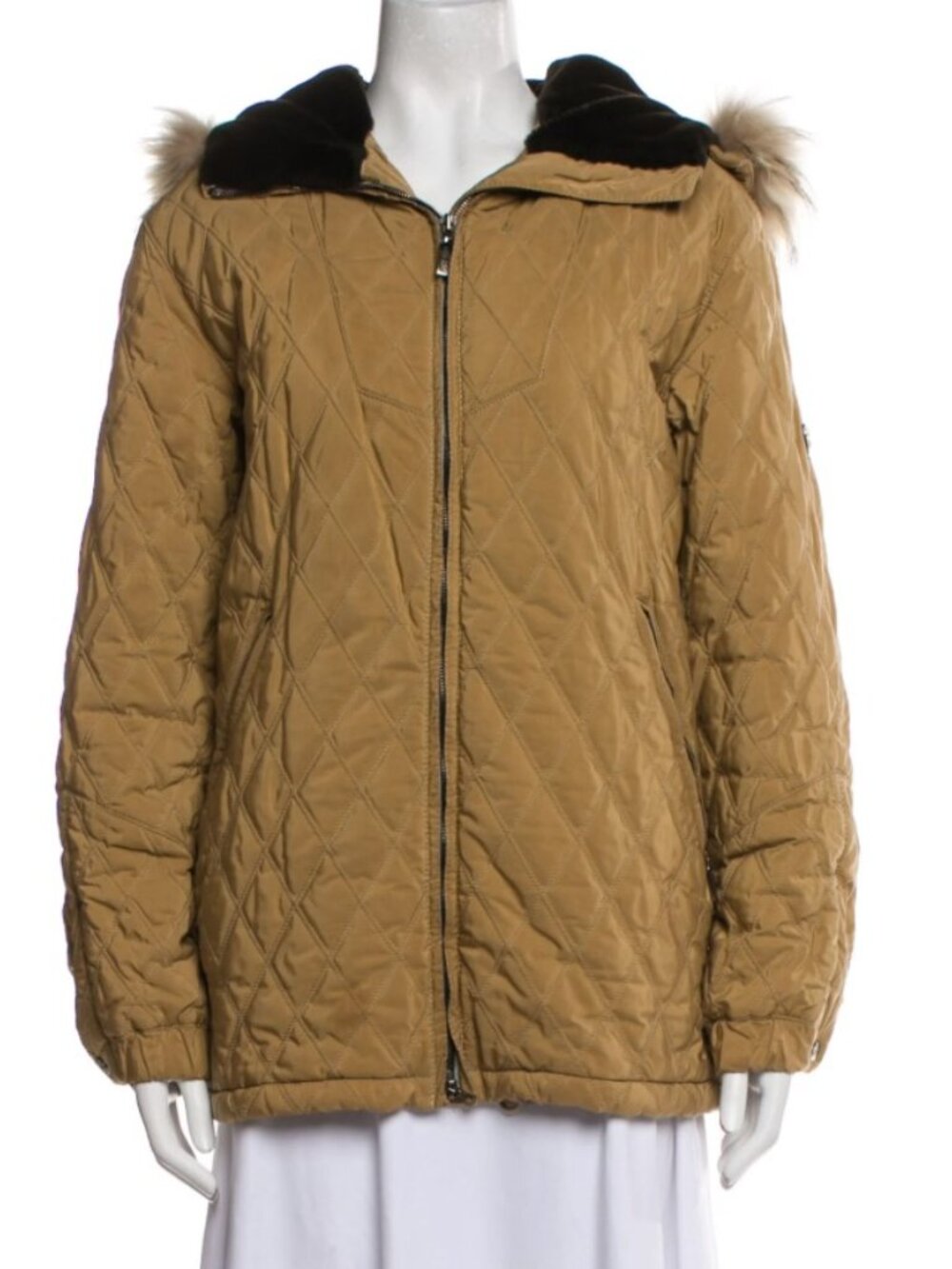 Post Card Quilted Puffer Jacket with Fur Trimmed Collar Biege/Brown Size 8